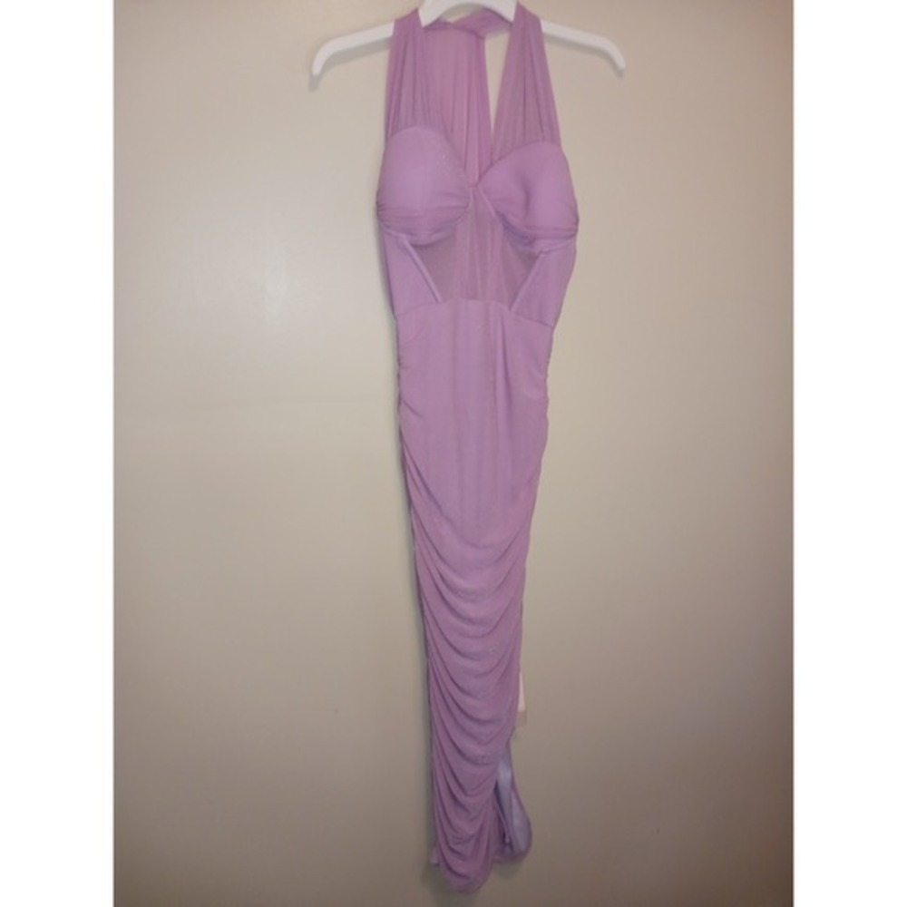 Sheinbae Lavender Shimmer Chiffon Lined Bodycon Rouched Dress Buildt In Bra Med
